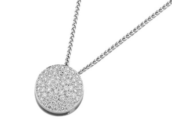 A Circular Round Diamond Pendant C764 with round diamonds on a chain.