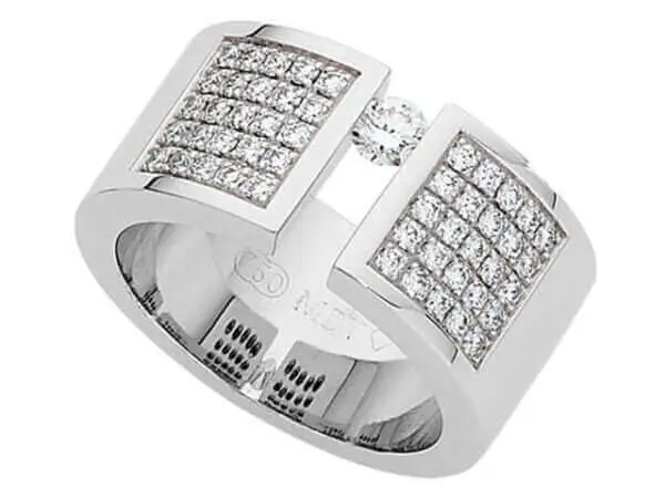 Wide Tension Set Diamond Ring With Diamond Band C809 is a wide tension set diamond ring with a diamond band.