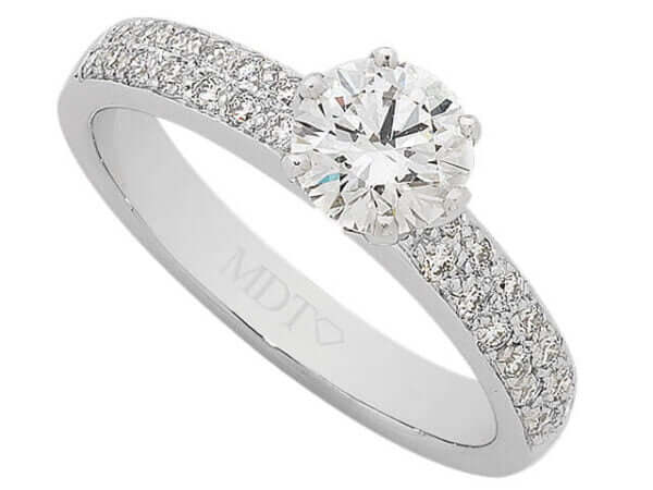 A MDTdesign Signature Round Diamond Ring With Pave Diamonds Band C999 in white gold featuring pave diamonds on the band.