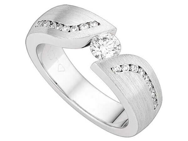 A White Gold Tension Set Diamond Ring With Diamond Shoulders C994, featuring diamond shoulders.