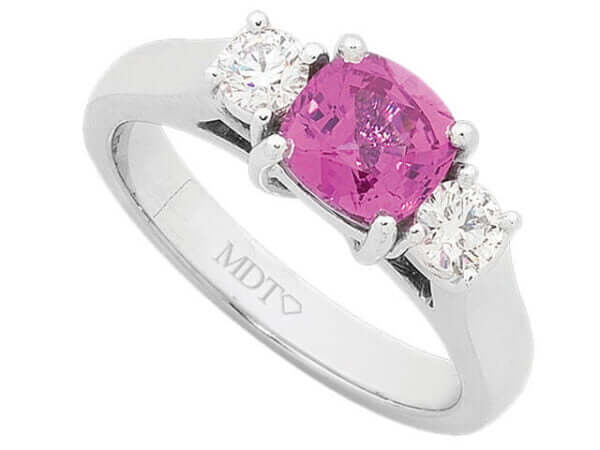 A Cushion Cut Pink Sapphire & Diamond Ring C1202 with a pink sapphire stone and diamonds.