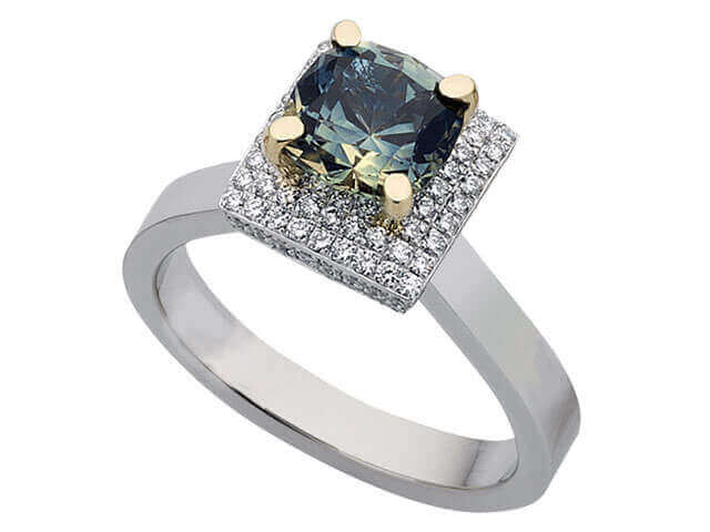 A cushion cut Green Sapphire & Diamonds Ring C4025 with a blue sapphire and diamonds.