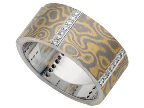 Mokume Gane Wide Flat Band With Diamonds C719