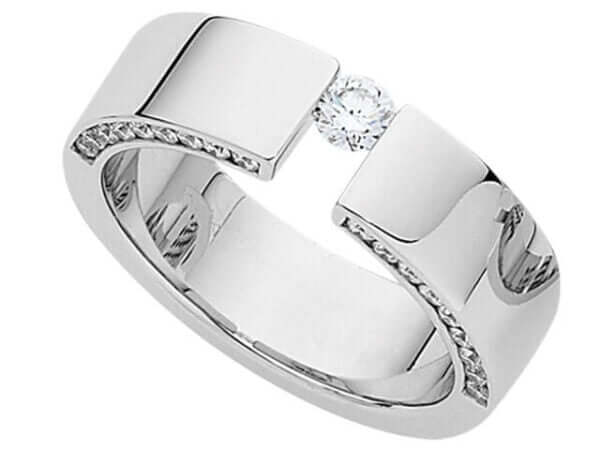 A Tension Set Round Diamond Ring With Diamonds Band C803 with a white gold band.