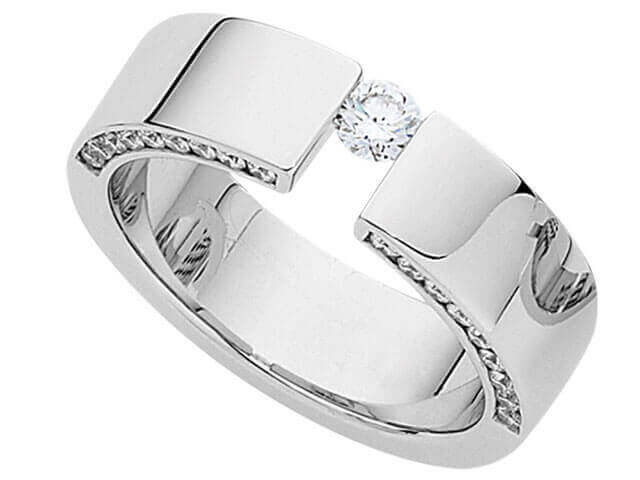 A Tension Set Round Diamond Ring With Diamonds Band C803 with a white gold band.