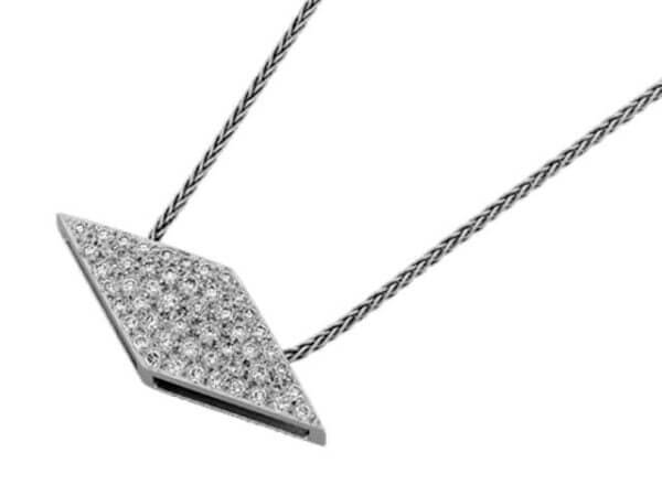 A Diamond Shaped Pendant With Diamonds C760 on a chain.