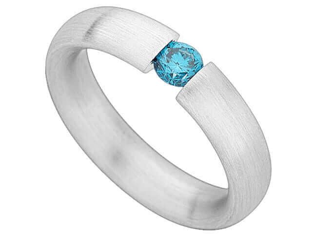 A Tension Set Round Diamond Ring C015 with a round blue diamond in the middle.