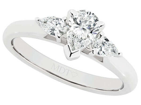 Pear Shape Diamond trilogy engagement ring C1039 with a diamond in a pear shape, set in white gold.