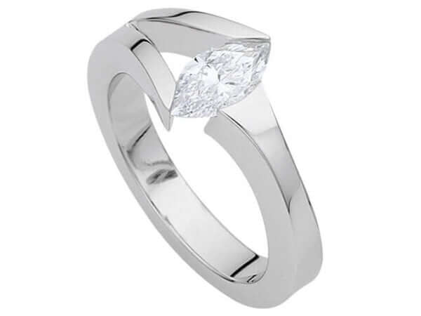 A Split Tension Set Marquise Cut Diamond Ring C652 featuring a stunning marquise cut diamond on a white gold band.