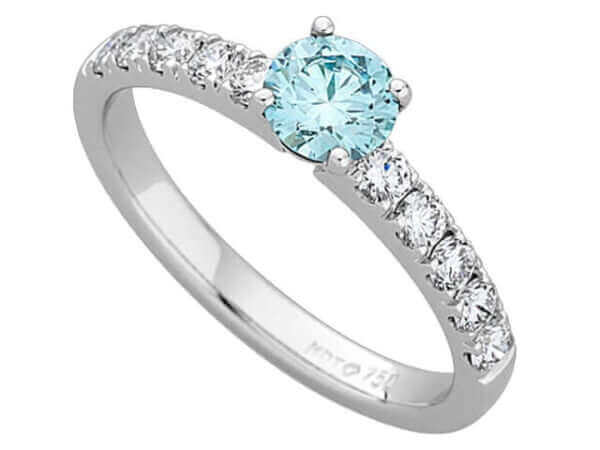 A Blue Round Blue Diamond with Diamonds on the Band C666 engagement ring with a white gold band.