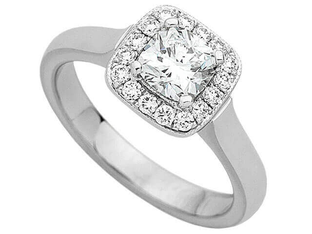 A stunning White Gold Halo Design Cushion Cut Diamond Ring C844, featuring an exquisite halo design.