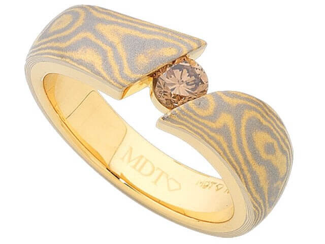 Mokume Gane Ring With Champagne Round Diamond C723