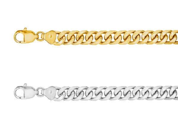 The 18ct Yellow Gold Men’s Bracelet Chain C1132, adorned with a duo of gold and silver chains, is set against a pristine white background.