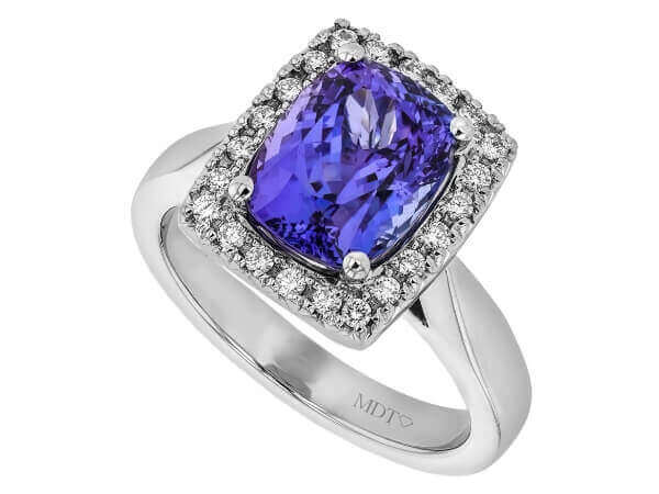 A Blue Tanzanite and Diamond Halo Engagement Ring C1067 with blue tanzanite.