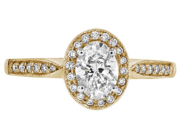 A dazzling Grain Set Oval Diamond Halo Engagement Ring C1018 in yellow gold.