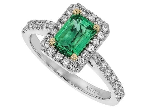 A stunning Green Emerald with Diamond Halo Engagement Ring C1219.