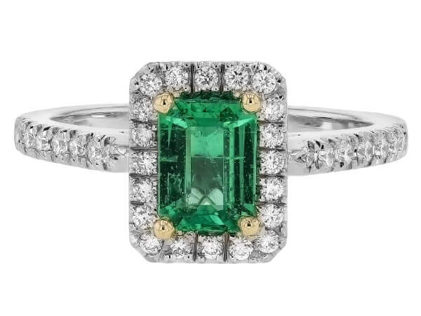 A stunning Green Emerald with Diamond Halo Engagement Ring C1219 making it the perfect Engagement Ring.