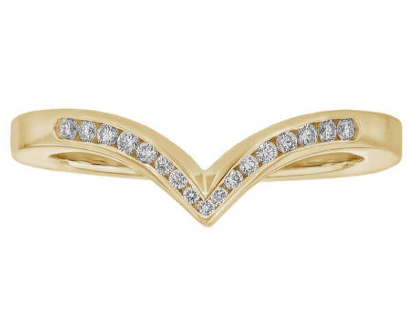 An 18k yellow gold chevron ring with Pointed Diamond Wedding Ring with Channel Setting C1068 accents.