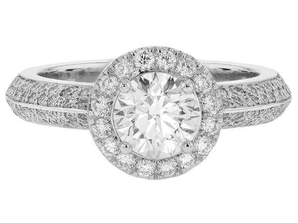 A Round Diamond Halo Engagement Ring with Pave Diamond Band C1072 with a white background.