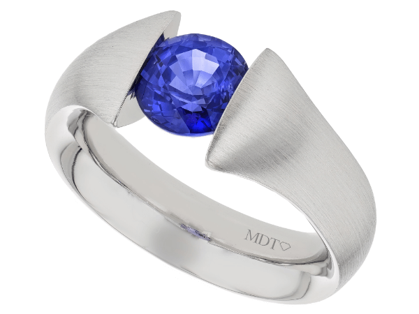 blue sapphire tension set ring with flared band c1221